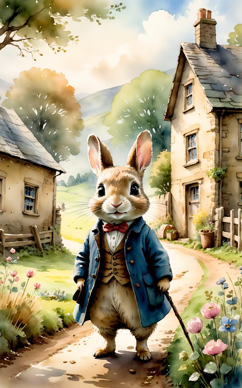 05148-983617563-cinematic still Beatrix Potter style watercolor. Chibi style, they are in a rural school, a landscape of pastel colors, emotiona.png